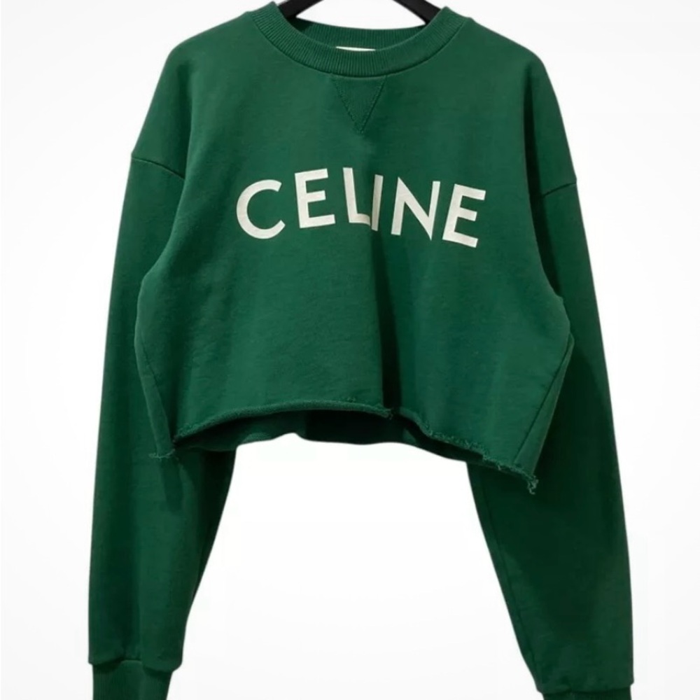 CELINE FW22 Logo Cropped Women's Dark Green Sweatshirt Size: M